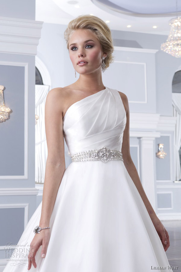 lillian west 2014 bridal  style 6297 one shoulder wedding dress close up bodice