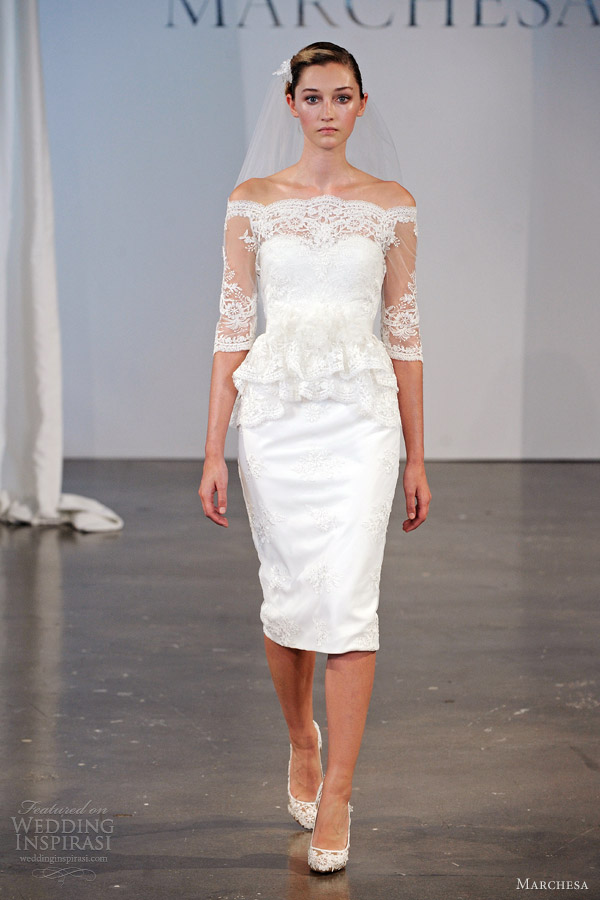 marchesa bridal 2014 spring off shoulder sleeves lace peplum short wedding dress