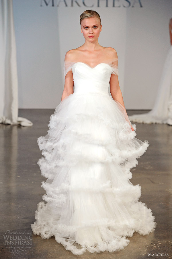 marchesa bridal 2014 spring off shoulder tiered wedding dress tulle wrap