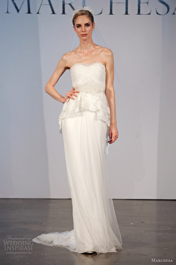 marchesa bridal spring 2014 strapless column gown lace peplum