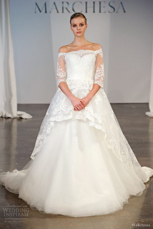 marchesa spring 2014 bridal off shoulder lace sleeves bodice overskirt ball gown