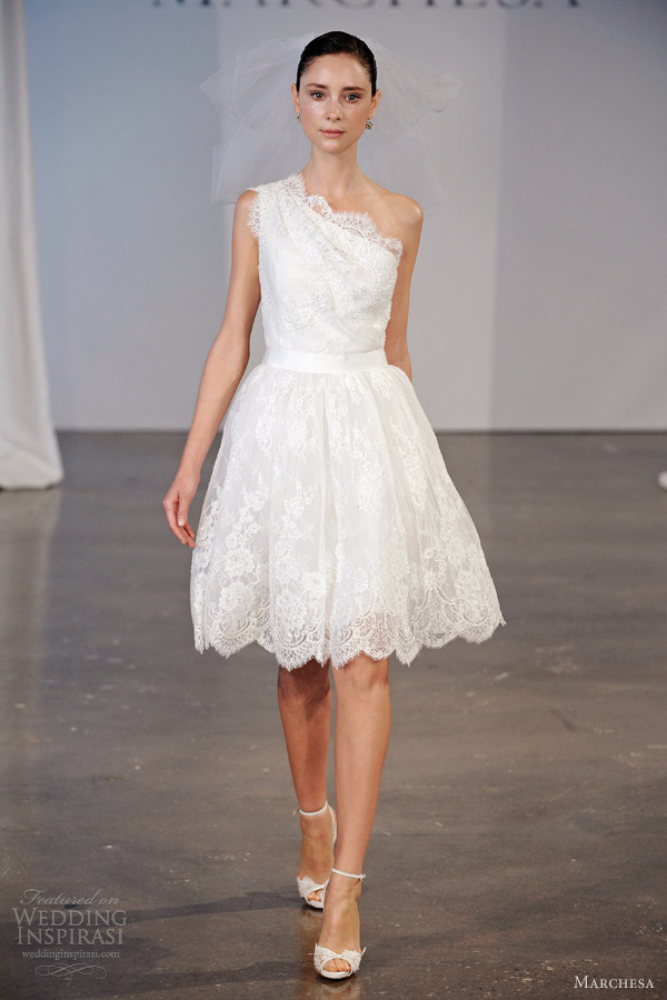 marchesa spring 2014 bridal one shoulder lace short wedding dress