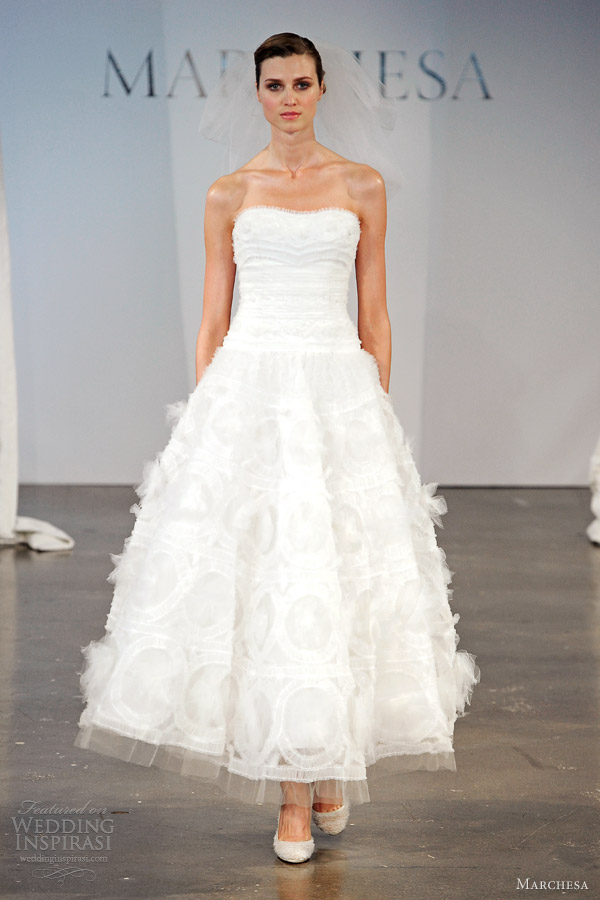 marchesa spring 2014 bridal strapless tea length wedding dress