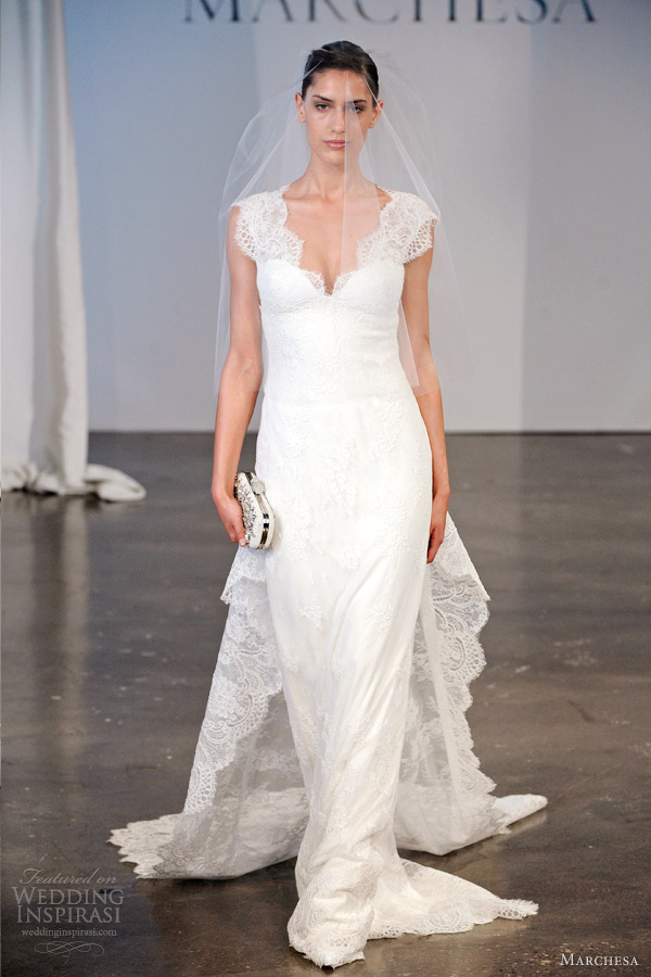 marchesa wedding dresses spring 2014 bridal cap sleeve lace sheath train