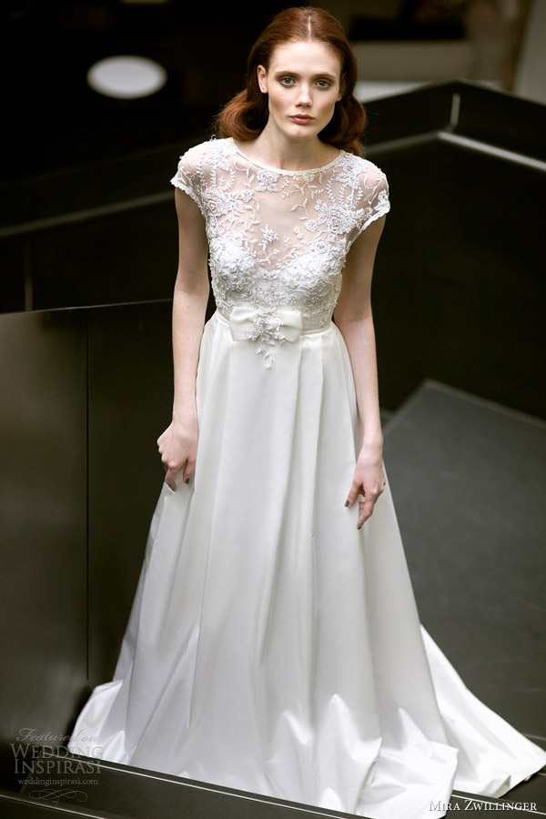 mira zwillinger bridal 2013 2014 chloe wedding dress cap sleeves bow full length