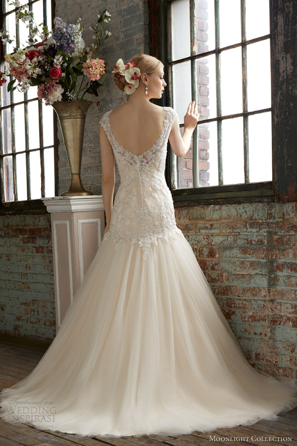 moonlight collection fall 2013 bridal style j6281 gold ivory fit flare wedding dress cap sleeves back train