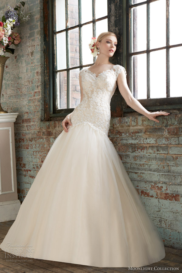 moonlight collection fall 2013 bridal style j6281 gold ivory fit flare wedding dress cap sleeves