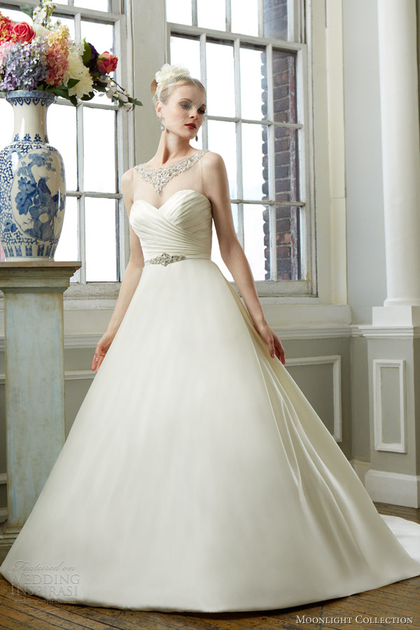 moonlight collection fall 2013 wedding dress style j6276 illusion jewel neckline