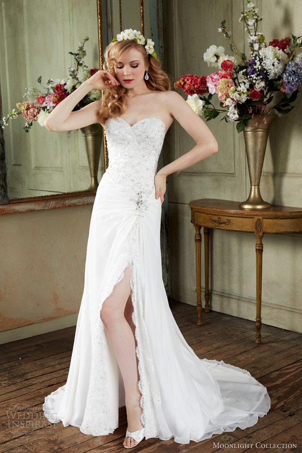 moonlight collection fall 2013 wedding dress style j6279 strapless sweetheart thigh slit