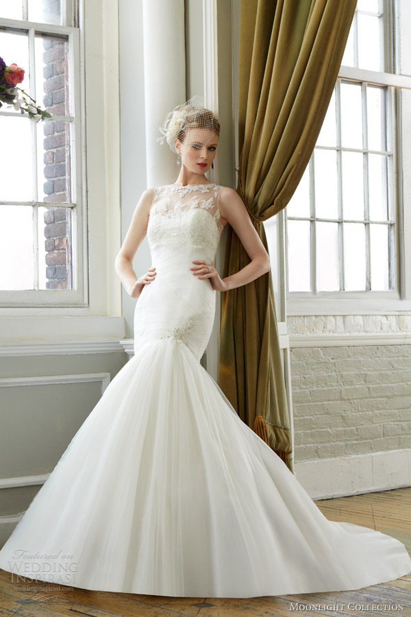 moonlight collection fall 2013 wedding dress style j6280 sleeveless illusion neckline mermaid