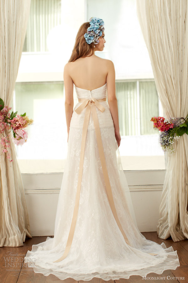 moonlight couture bridal fall 2013 2014 strapless wedding dress slit style h1226 back train