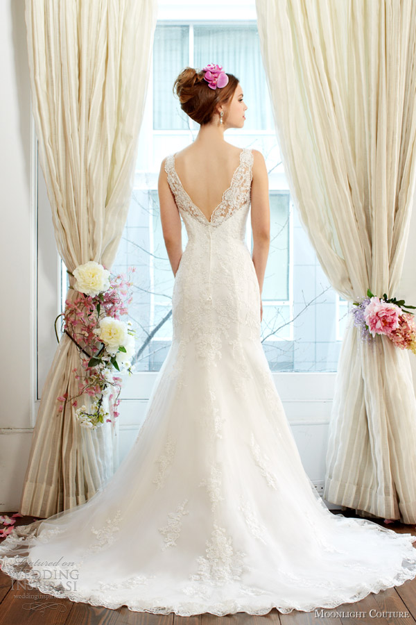 moonlight couture fall 2013 2014 bridal mermaid lace wedding dress style h1230 back scalloped v