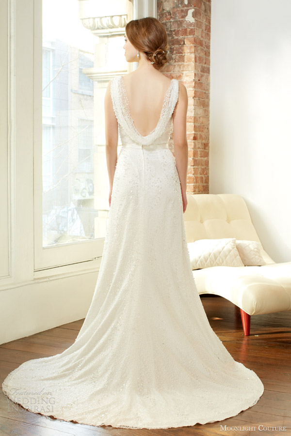 moonlight couture fall 2013 bridal sleeveless wedding dress thigh slit style h1225 open back cowl