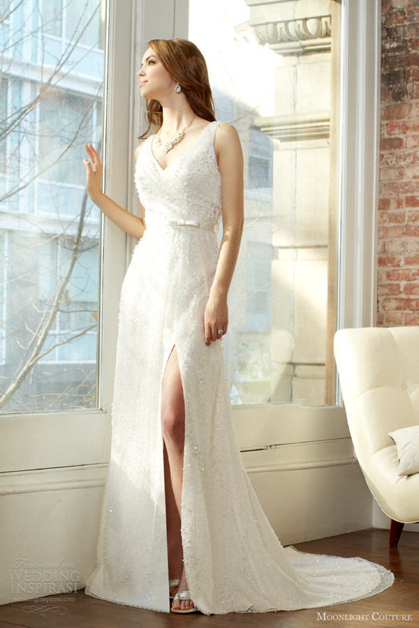 moonlight couture fall 2013 bridal sleeveless wedding dress thigh slit style h1225