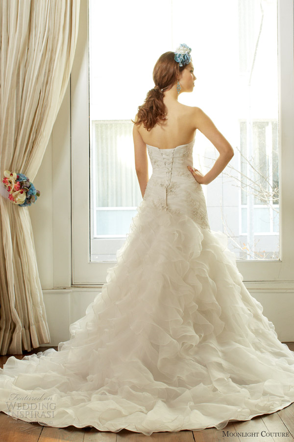 moonlight couture fall 2013 bridal strapless organza ruffle wedding dress style h1221 back train