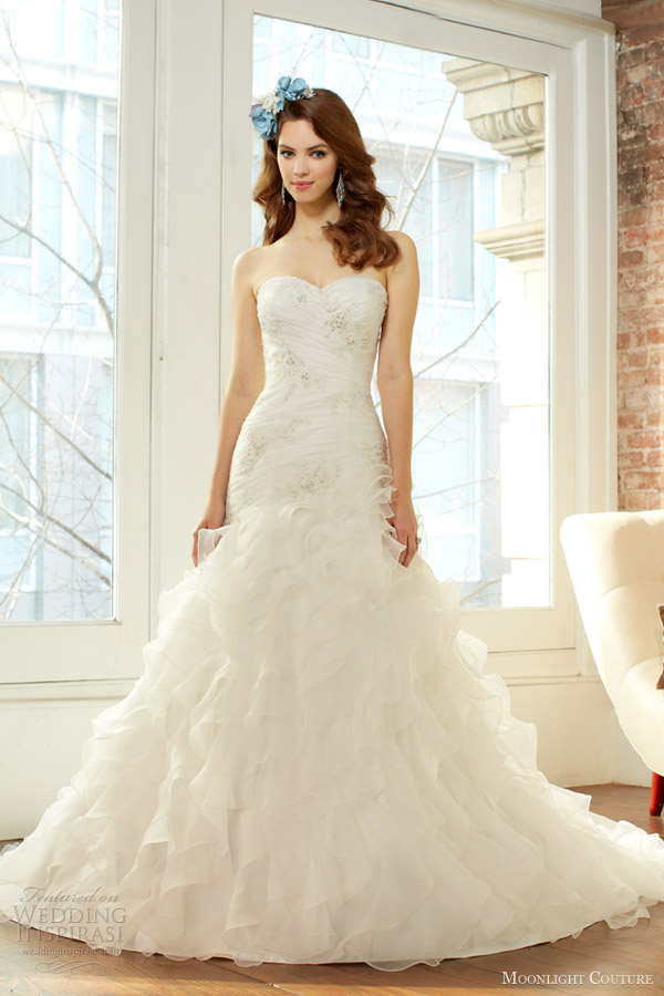 moonlight couture fall 2013 bridal strapless organza ruffle wedding dress style h1221