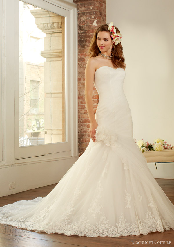 moonlight couture fall 2013 bridal strapless wedding dress style h1224 tulle organza