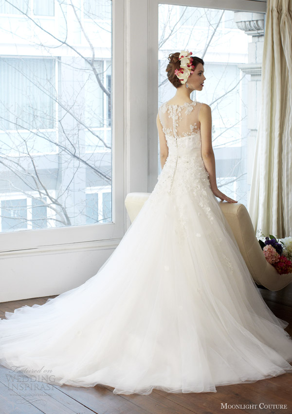 moonlight couture fall 2013 bridal wedding dress illusion neckline style h1231 back train