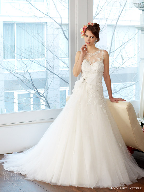 moonlight couture fall 2013 bridal wedding dress illusion neckline style h1231