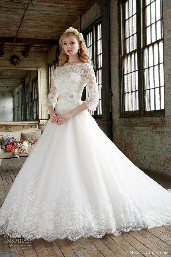 moonlight couture wedding dresses fall 2013 bridal strapless ball gown long sleeve lace build up top h1229