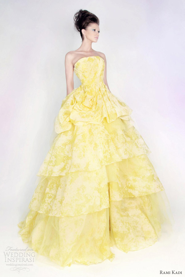 rami kadi spring 2013 color wedding dress floral print yellow lime ball gown