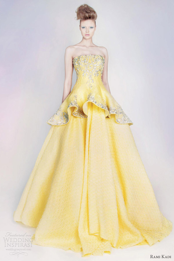 rami kadi spring 2013 strapless yellow peplum gown