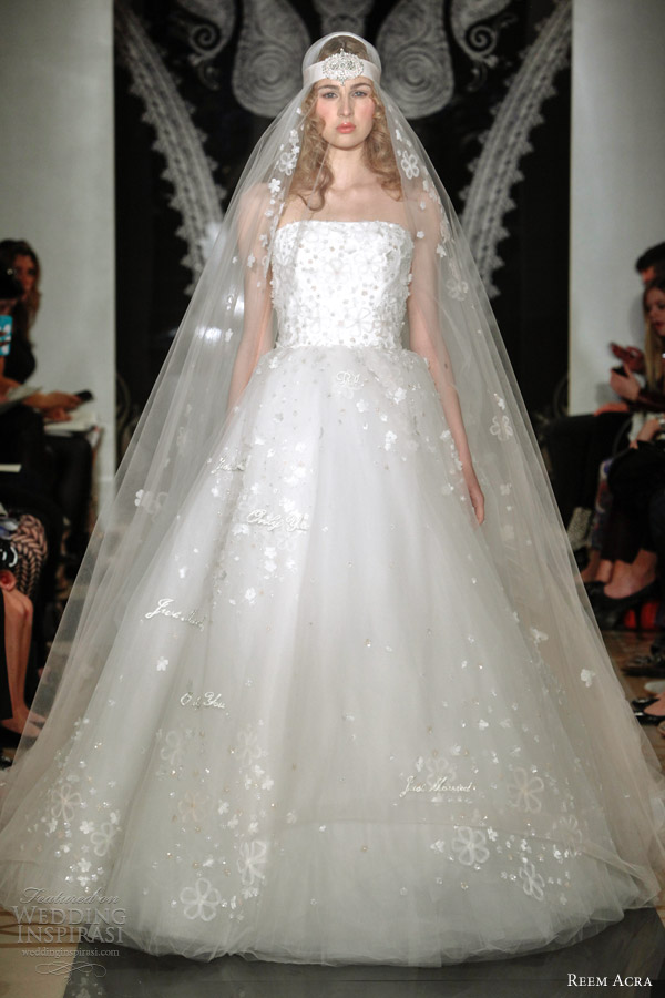 reem acra bridal spring 2014 aurora wedding dress blush strapless tulle ball gown