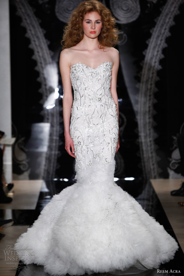reem acra bridal spring 2014 isis embroidered illusion column wedding dress textured skirt and shoulder detail