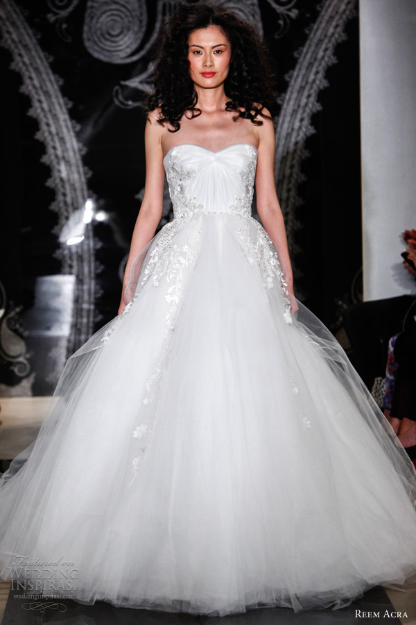 reem acra bridal spring 2014 ourania strapless tulle ball gown hand draped bodice