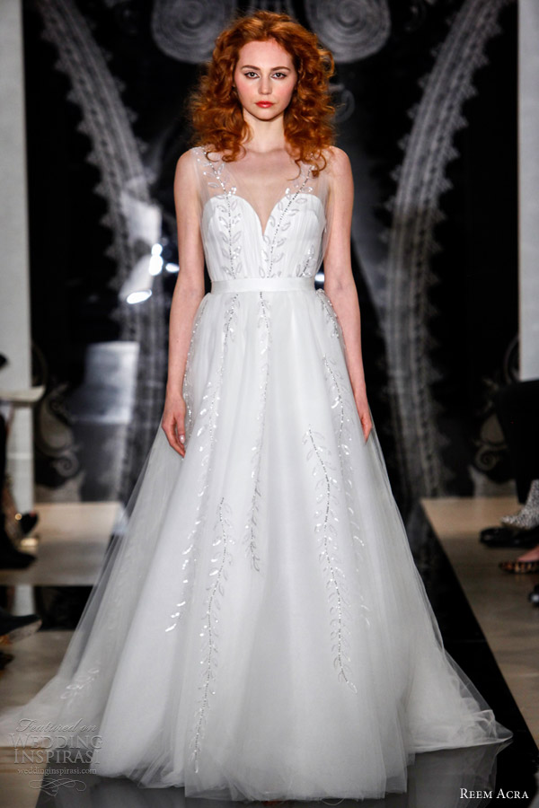 reem acra bridal spring 2014 roshlyn deep v neck tulle wedding dress