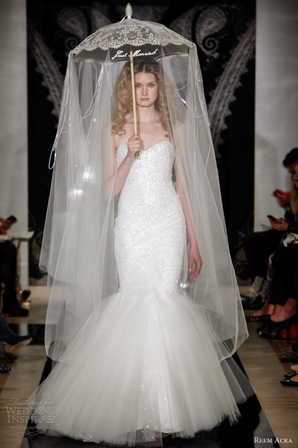 reem acra bridal spring 2014 shea strapless sweetheart embroidered mermaid gown with dropped tulle skirt