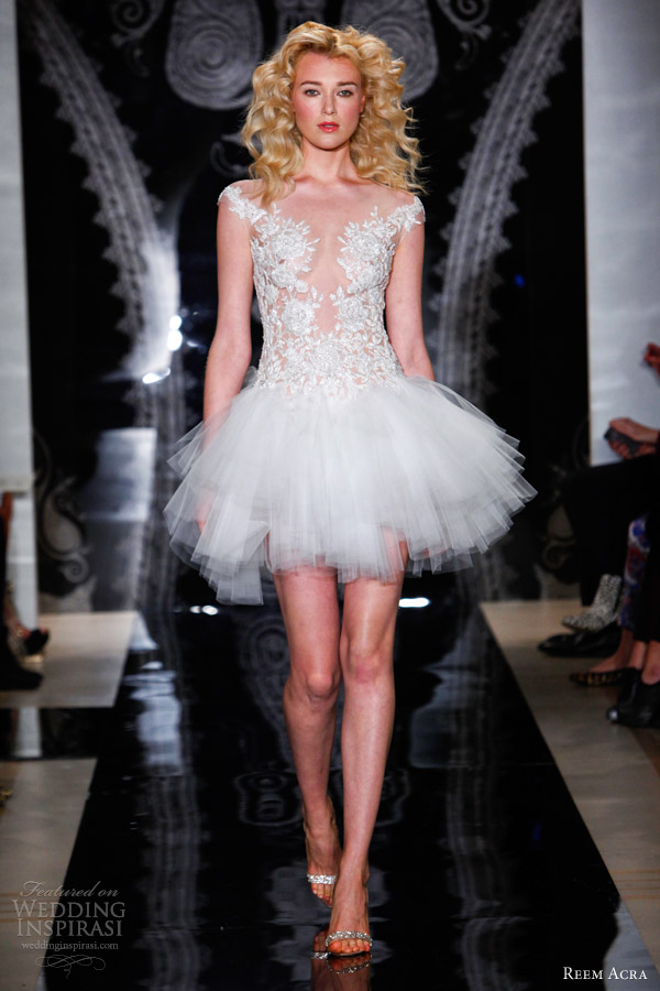 reem acra bridal spring 2014 short wedding dress indira embroidered illusion cascade tulle skirt