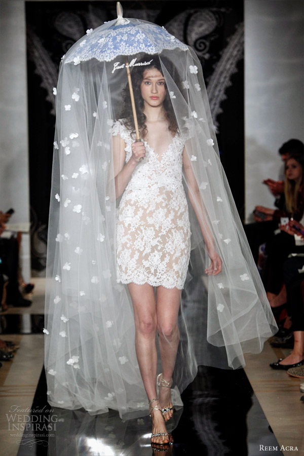 reem acra bridal spring 2014 short wedding dress miri re embroidered lace sheath dress appliqued illusion detail