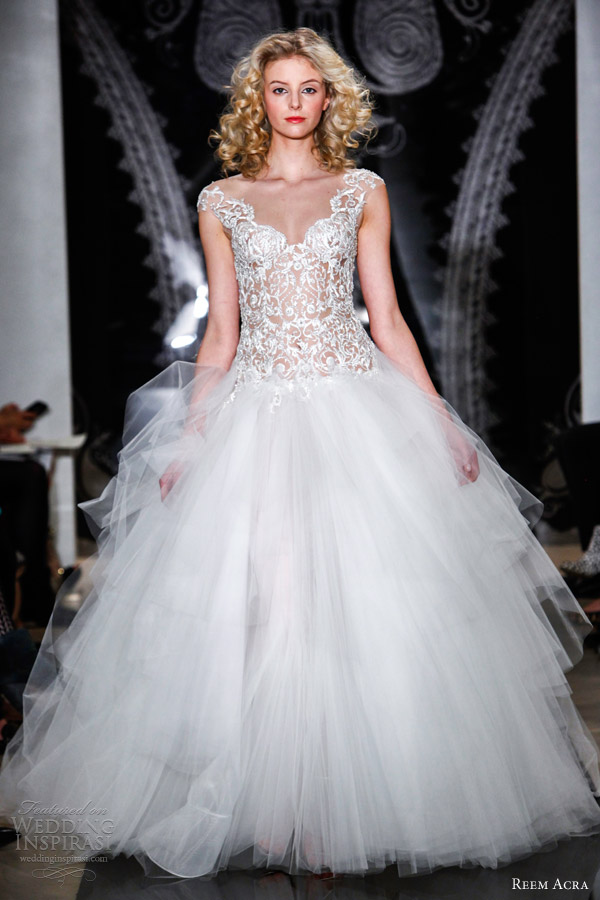 reem acra bridal spring 2014 vashti embroidered illusion drop waist gown with full tulle cascade skirt