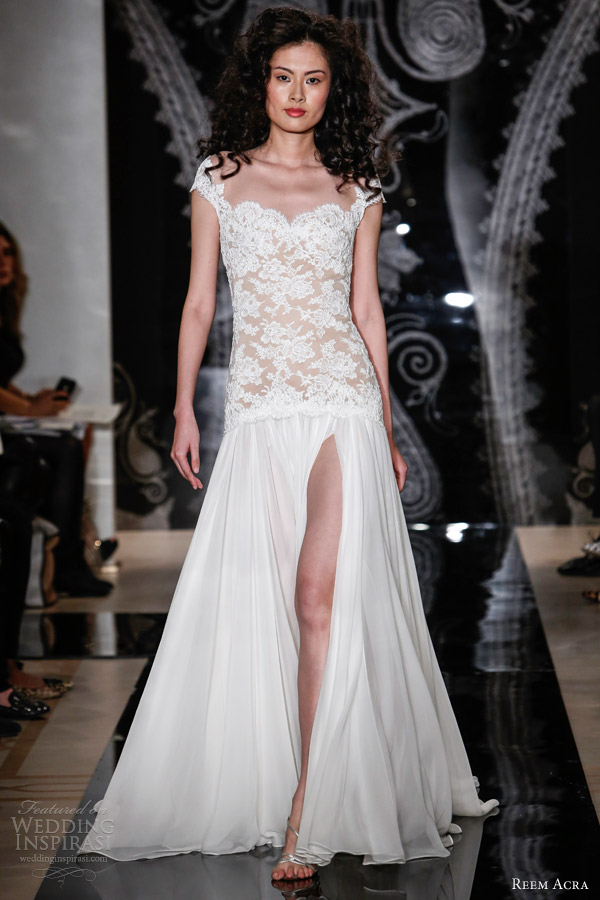 reem acra bridal spring 2014 wedding dress taisie chiffon gown side slit skirt