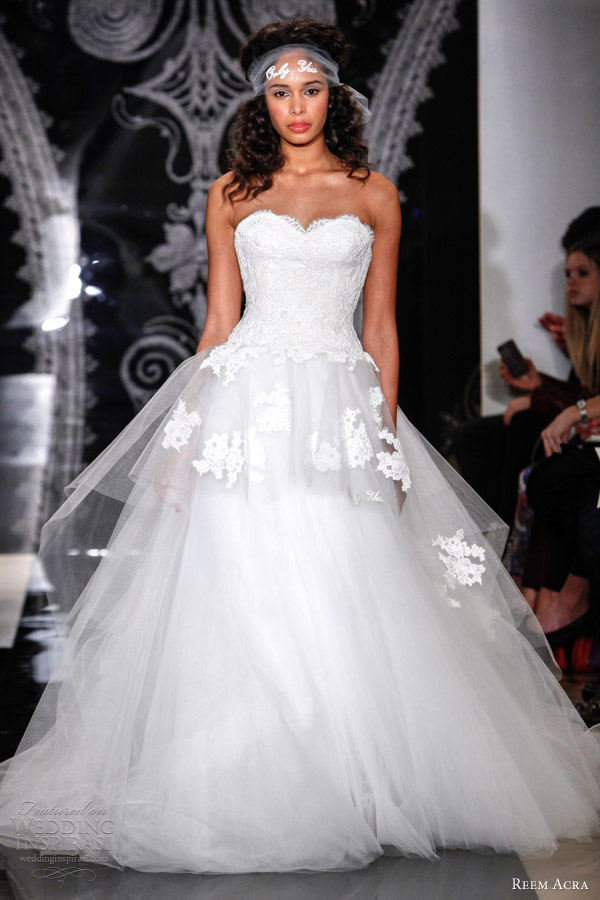 reem acra bridal spring 2014 wedding dresses ambrosine re embroidered lace gown full tulle skirt applique peplum