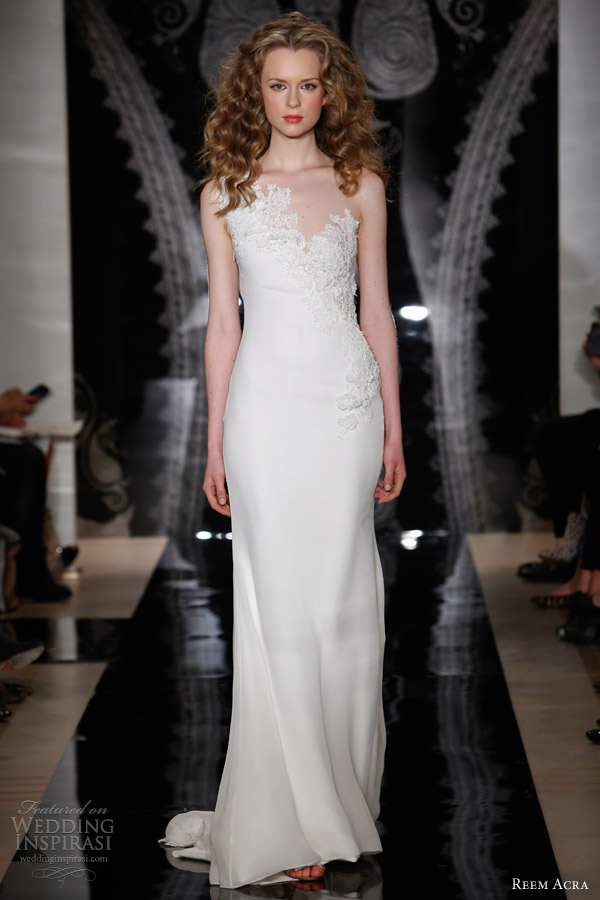 reem acra spring 2014 bridal alura chiffon one shoulder siren wedding gown with open back cowl and lace applique