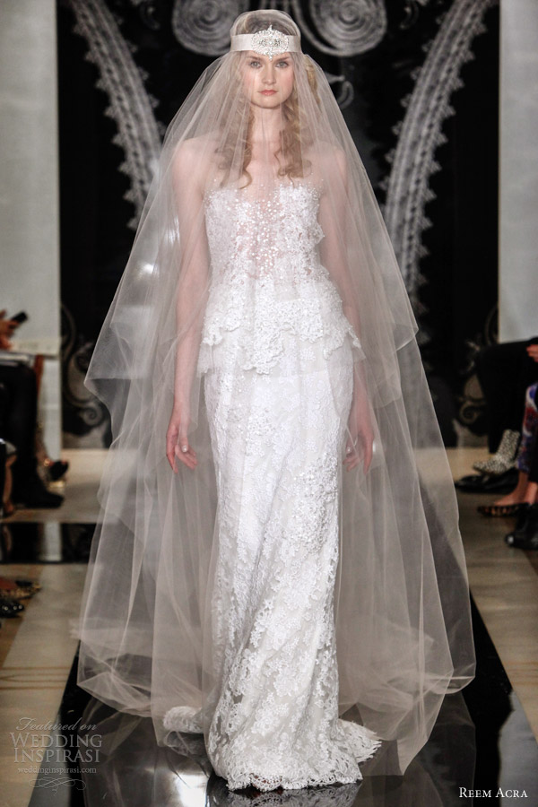 reem acra spring 2014 bridal ella embroidered strapless dress with lace skirt appliqued peplum detail