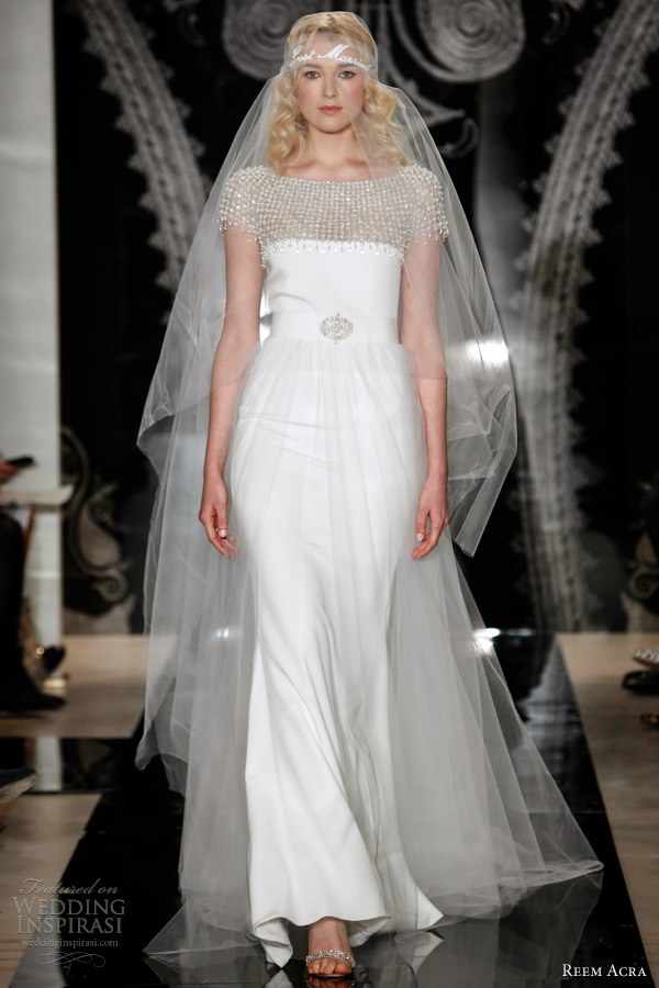 reem acra wedding dresses spring 2014 evie silk crepe column with embroidered illusion yoke and sleeves
