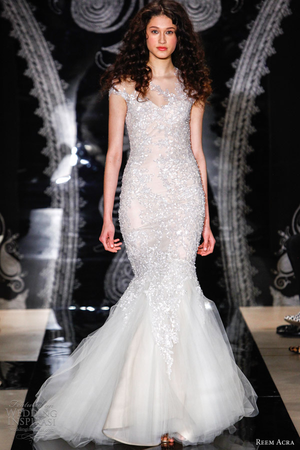 reem acra wedding dresses spring 2014 ilona embroidered illusion column gown drop tulle skirt