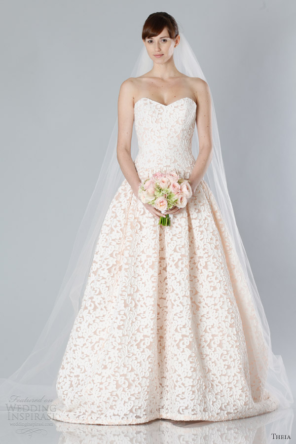 theia bridal fall 2013 2014 strapless wedding dress nude pink lace sweetheart ball gown