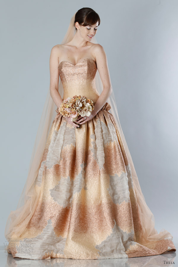 theia bridal fall 2013 color wedding dress strapless sweethaeart ball gown copper