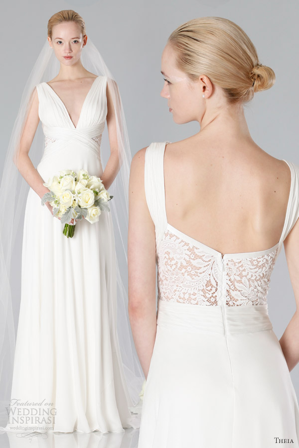 theia white collection fall 2013 bridal sleeveless draped bodice gown lace insert panel back