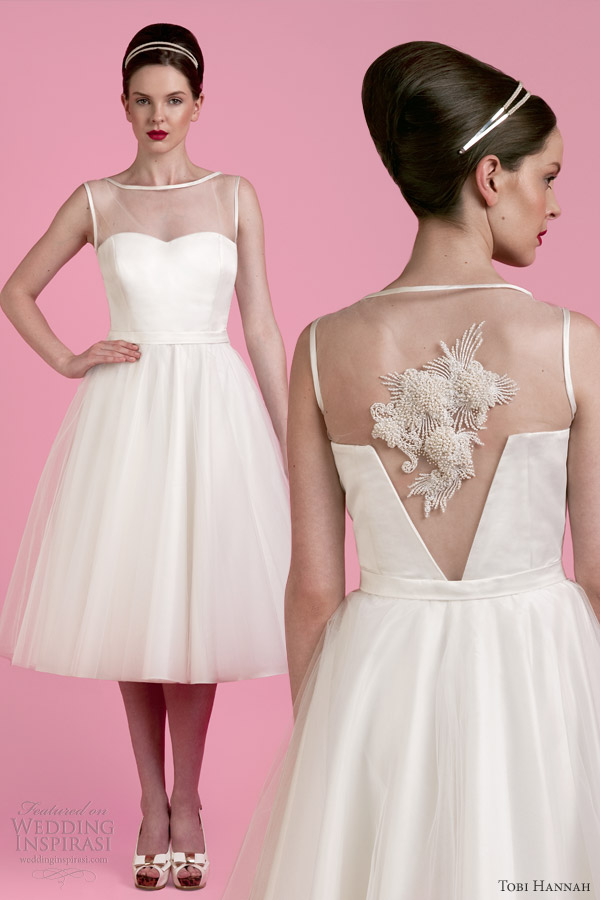 tobi hannah 2014 affection short tea length wedding dress sleeveless illusion beaded pearl back