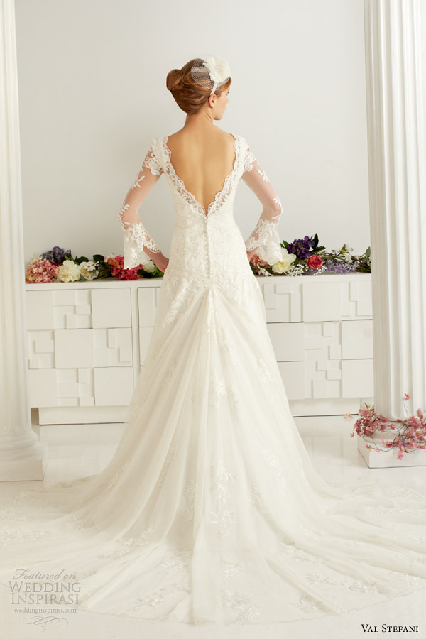 val stefani fall 2013 bridal long bell sleeves romantic lace wedding dress d8043 train