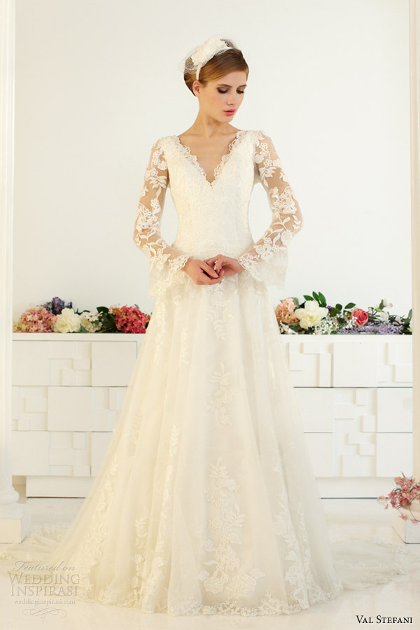 val stefani fall 2013 bridal long bell sleeves romantic lace wedding dress d8043 v neck