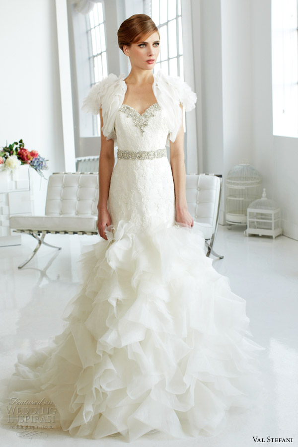 val stefani fall 2013 bridal strapless organza mermaid wedding dress d8045 short sleeve bolero jacket