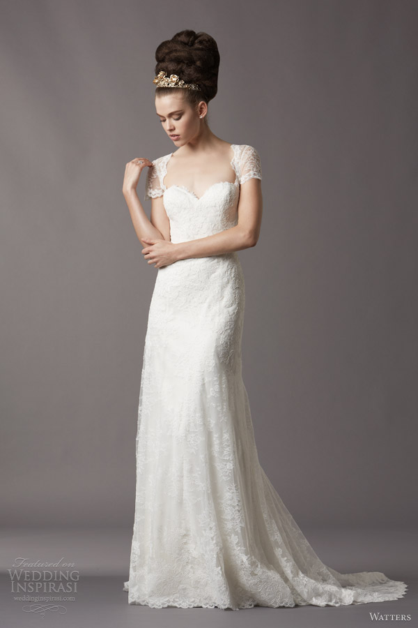 watters spring 2014 bridal erin short sleeve wedding dress queen anne neckline