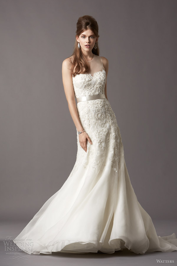 watters spring 2014 fall 2013 brides mollie sleeveless illusion neckline