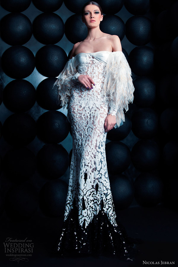 nicolas jebran spring summer 2013 couture off shoulder long sleeve gown